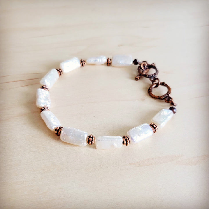 Rectangle freshwater pearl bracelet with copper-tone bead accents and toggle clasp