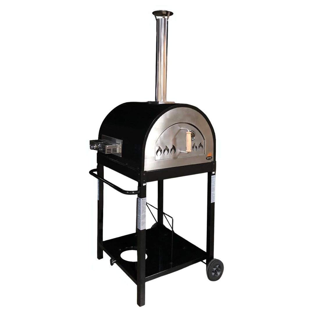 Black and silver dual-fuel pizza oven on metal stand with chimney stack