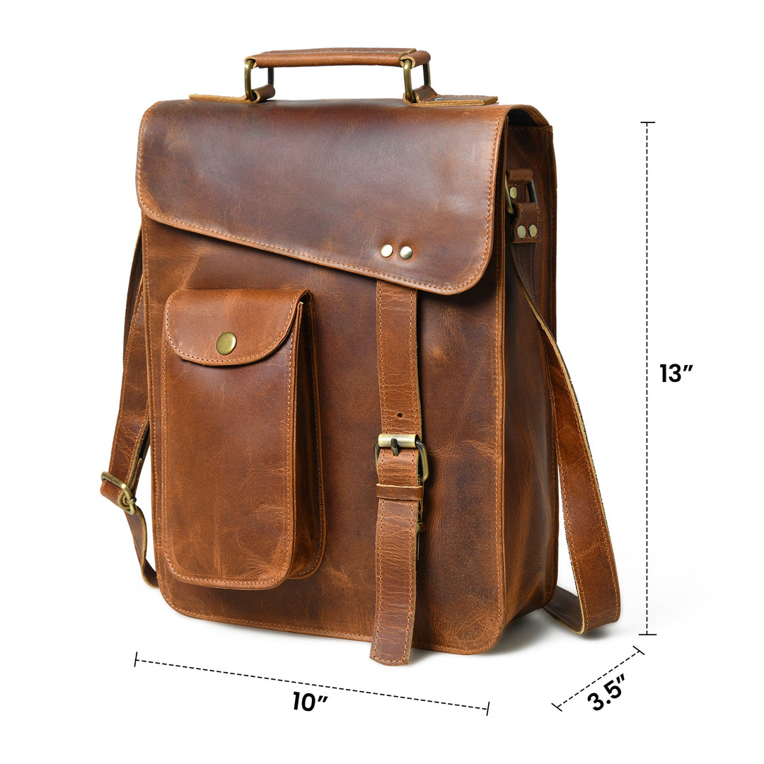Brown leather crossbody bag front with 10 in width and 13 in height