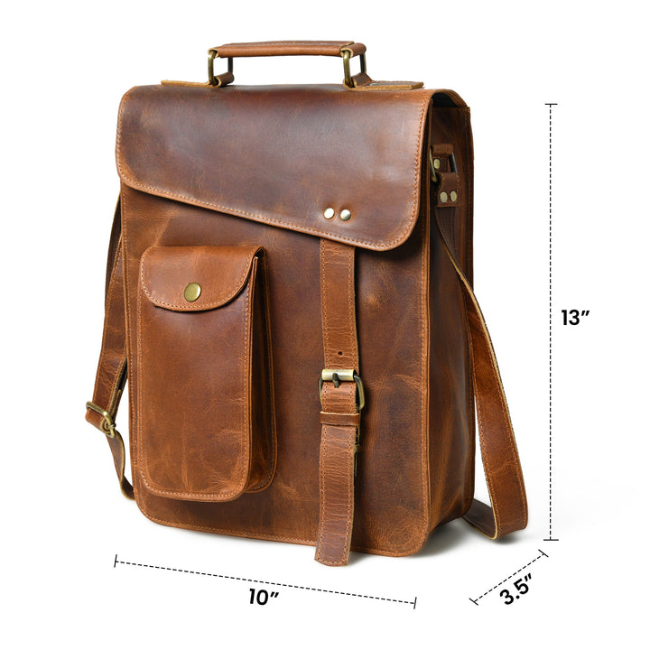 Brown leather crossbody bag front with 10 in width and 13 in height