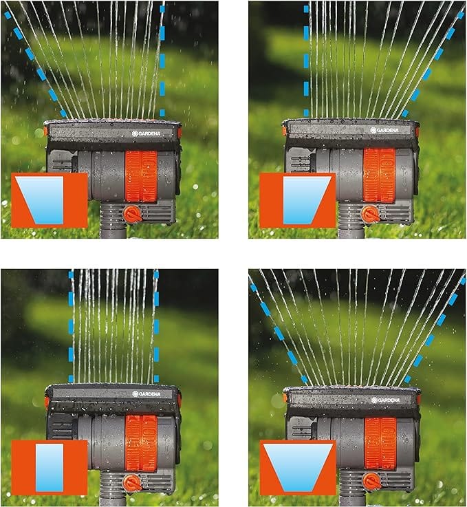 Garden sprinkler unit spraying water, with orange dial and gray sled base