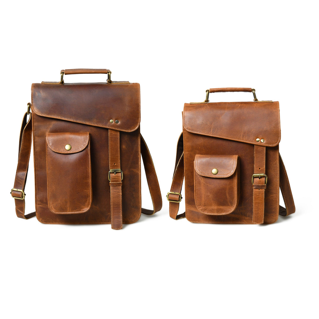 Brown vintage crossbody bag with flap, two front pockets, and adjustable shoulder strap