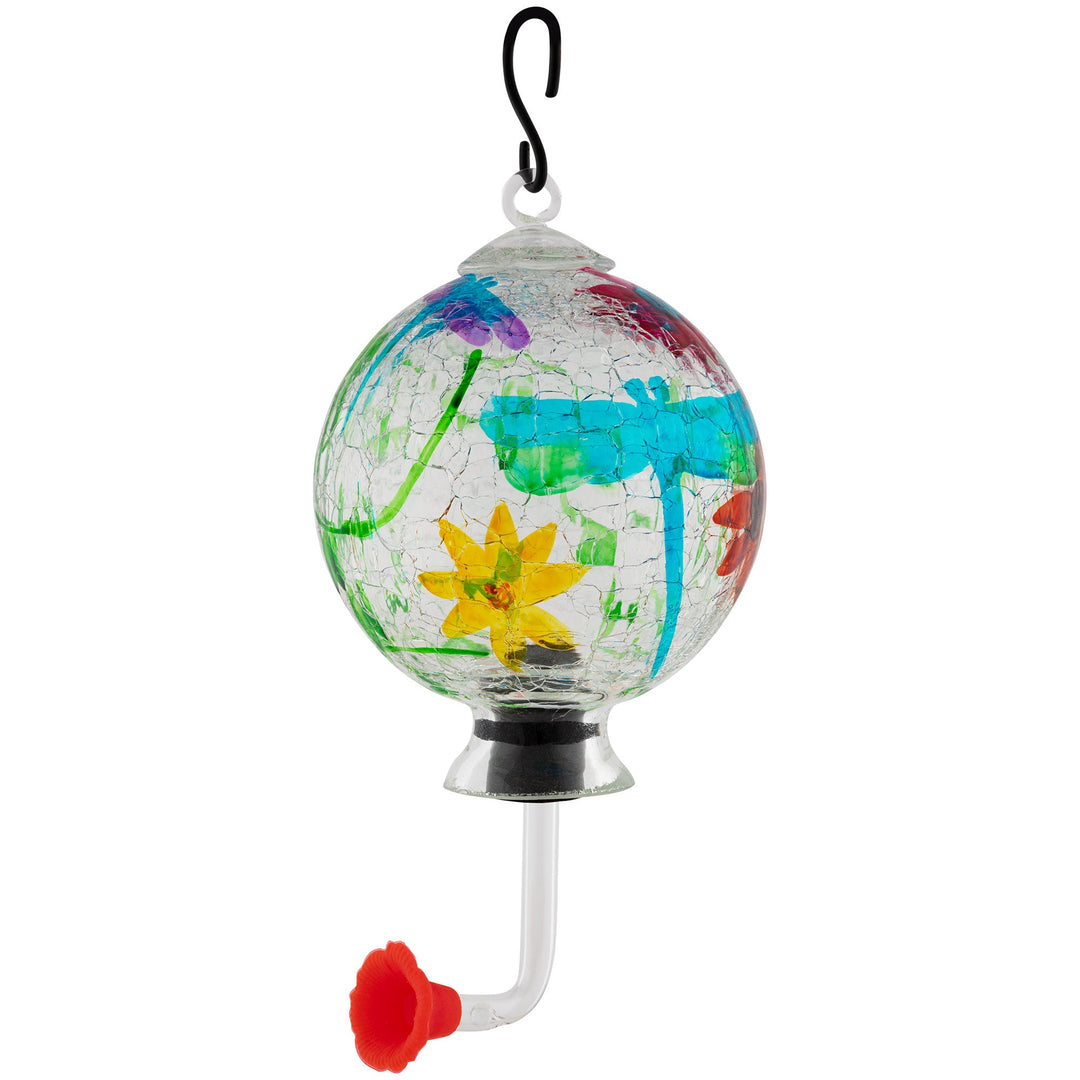 Glass hummingbird feeder globe with turquoise details, yellow star, and green vine patterns