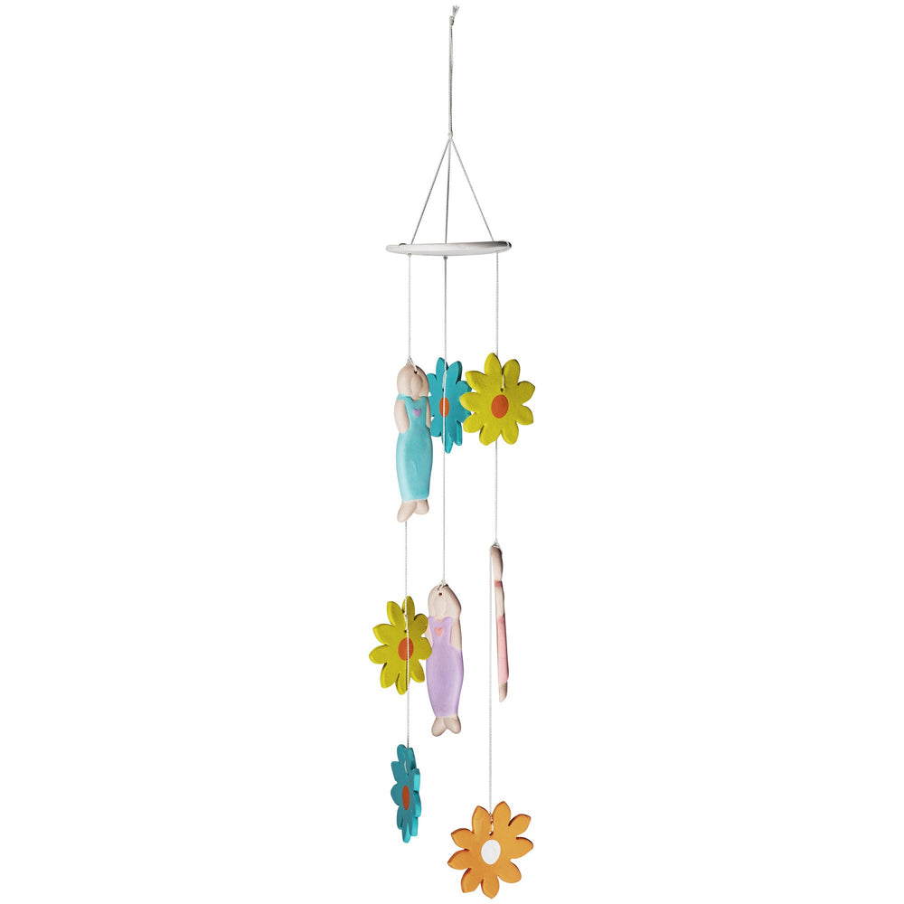 Hanging ceramic chime with pastel charms and colorful flower shapes on a string