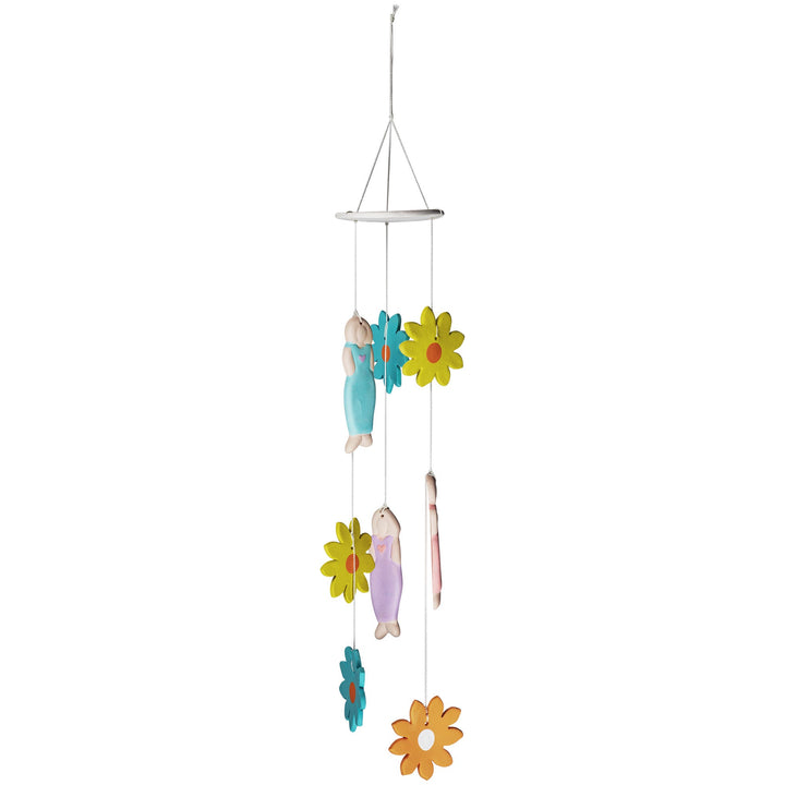 Hanging ceramic chime with pastel charms and colorful flower shapes on a string