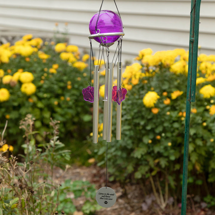 Pet memorial wind chime featuring purple dome top, silver tubes, and purple flower charms