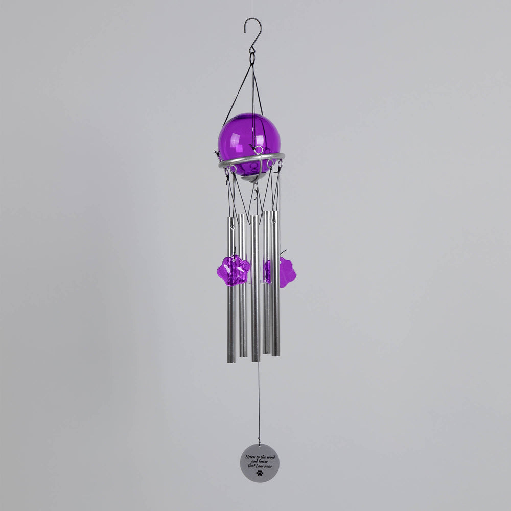 Pet memorial wind chime hanging with purple dome top, multiple silver tubes, purple accents