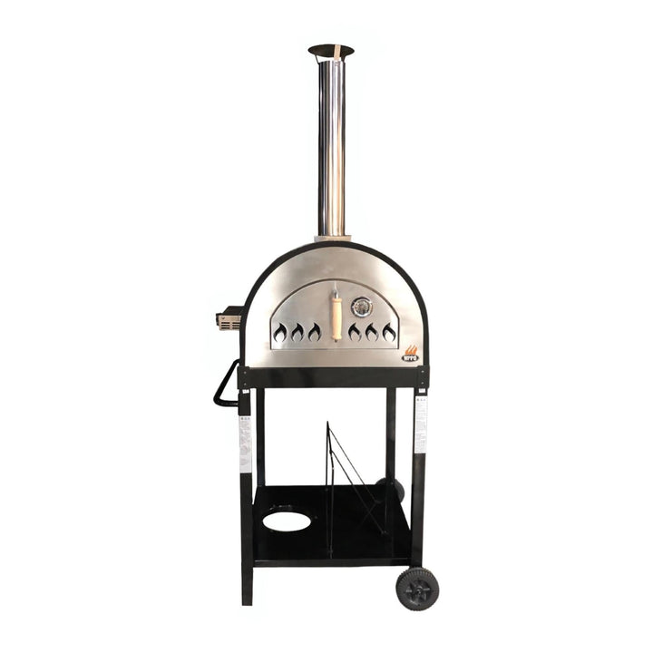 Black and silver dual-fuel pizza oven with chimney stack and front burner ports