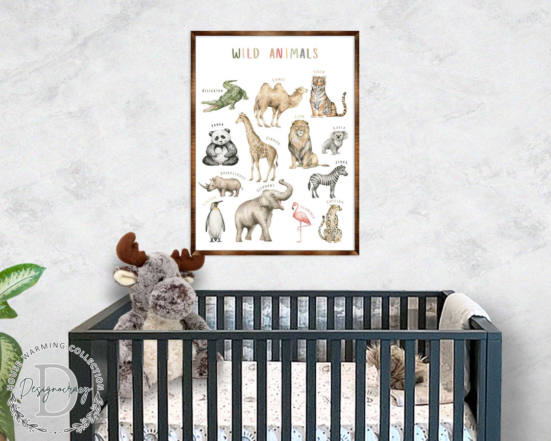 Framed wild animals poster with labeled animals such as elephant, zebra, and flamingo