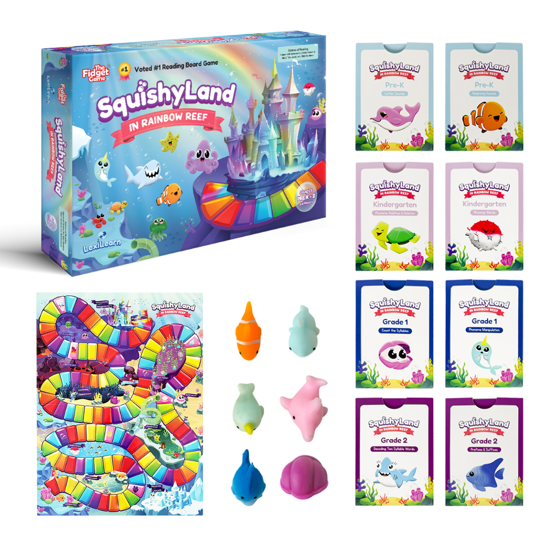 Squishyland reading board game with colorful character card packs and squishy pieces.