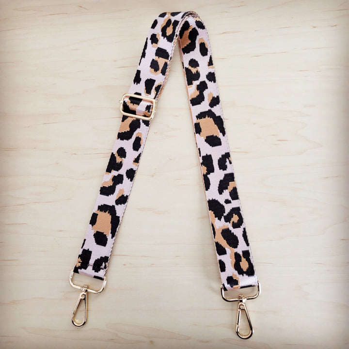 Adjustable leopard-print nylon crossbody strap with gold-tone spring clips