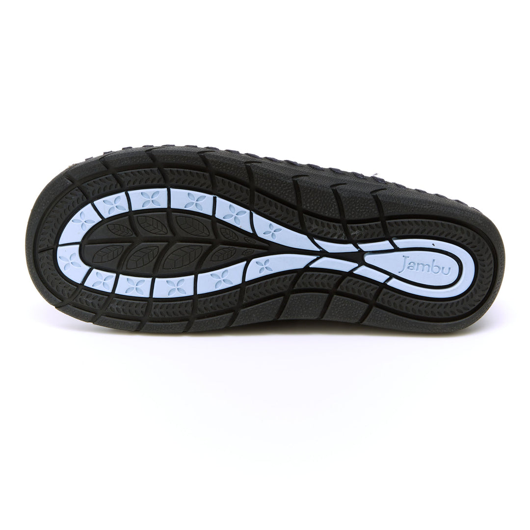 Navy loafer outsole with treaded rubber sole and textured traction pattern
