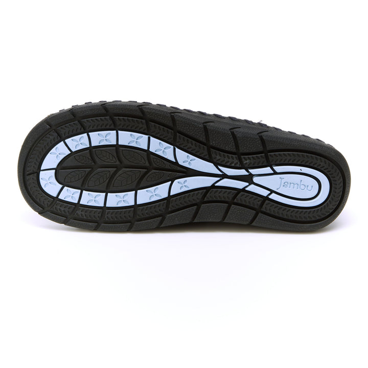 Navy loafer outsole with treaded rubber sole and textured traction pattern
