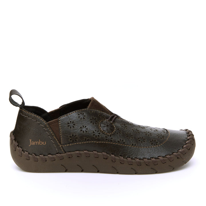 Dark black slip-on loafer with perforated floral pattern and moc stitching.