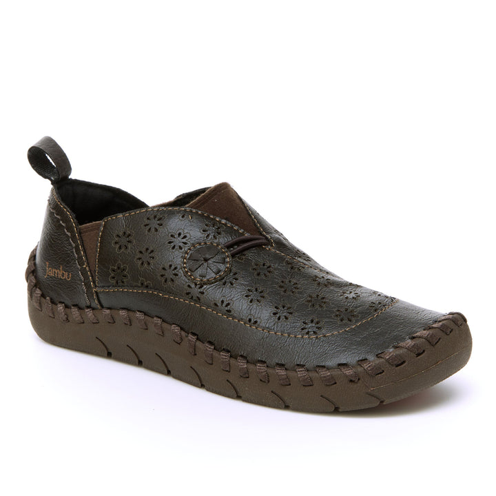 Dark black moccasin loafer with perforated floral design and stitched side seam.