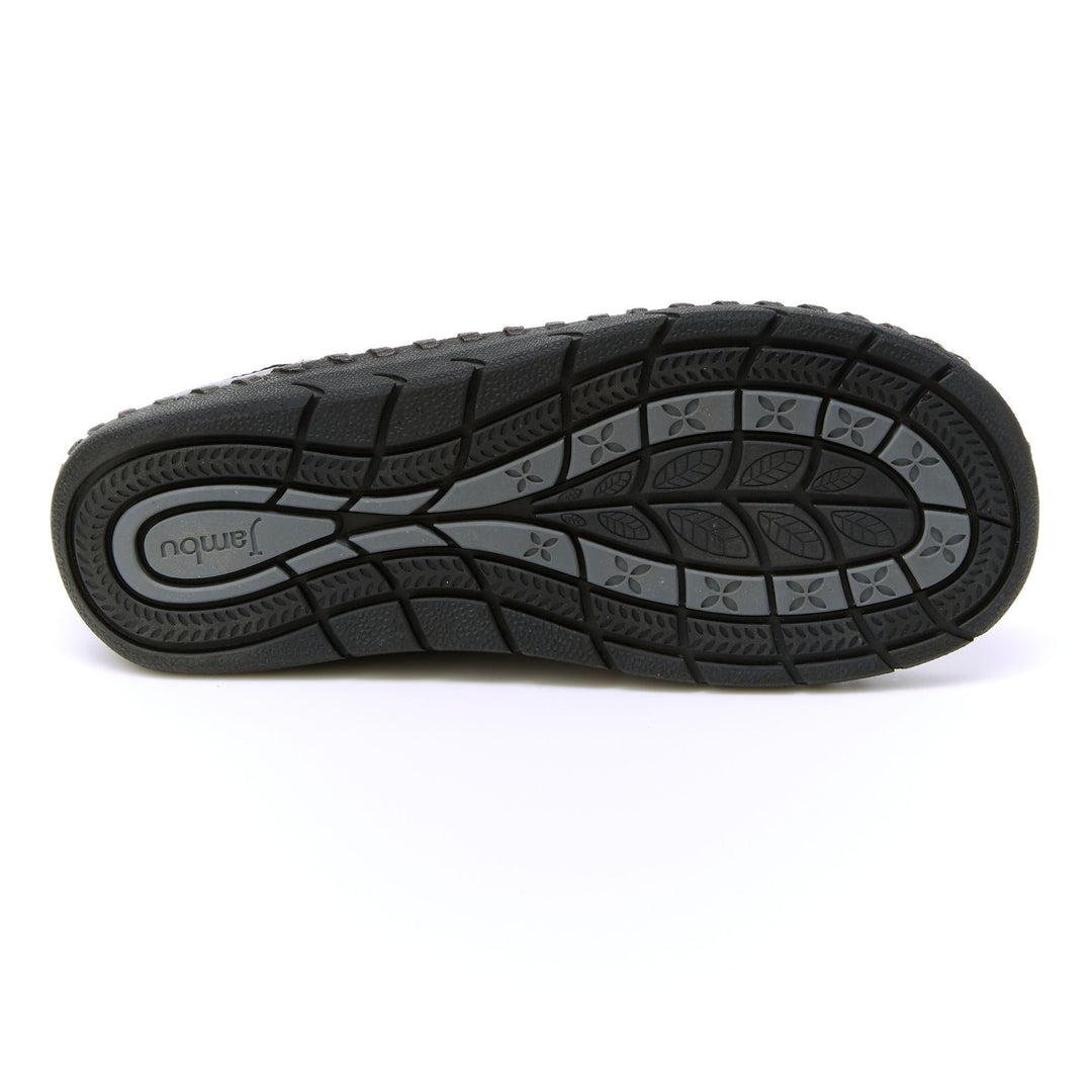 Black outsole for slip-on loafer with textured tread and molded traction pattern.