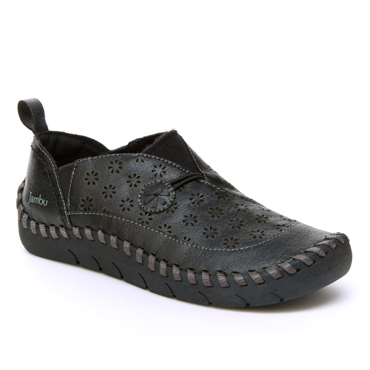 Dark black loafer with perforated floral upper and cushioned-looking sole.