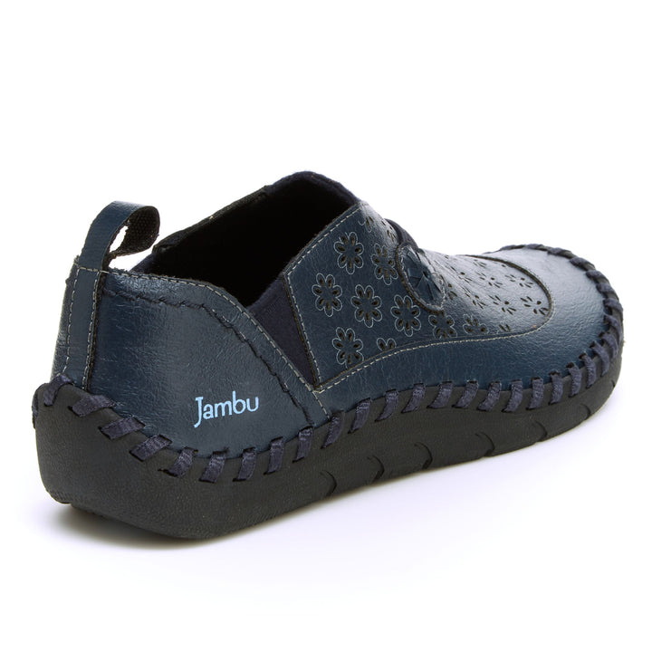 Navy loafer heel with Jambu branding, floral upper, and padded collar