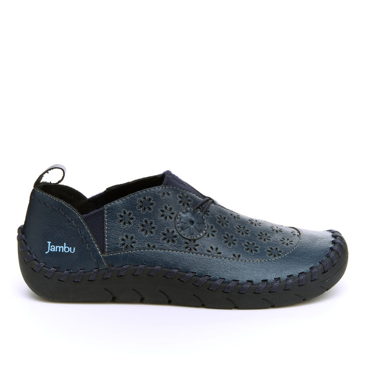 Navy slip-on loafer with floral pattern upper, rounded toe, and decorative stitching