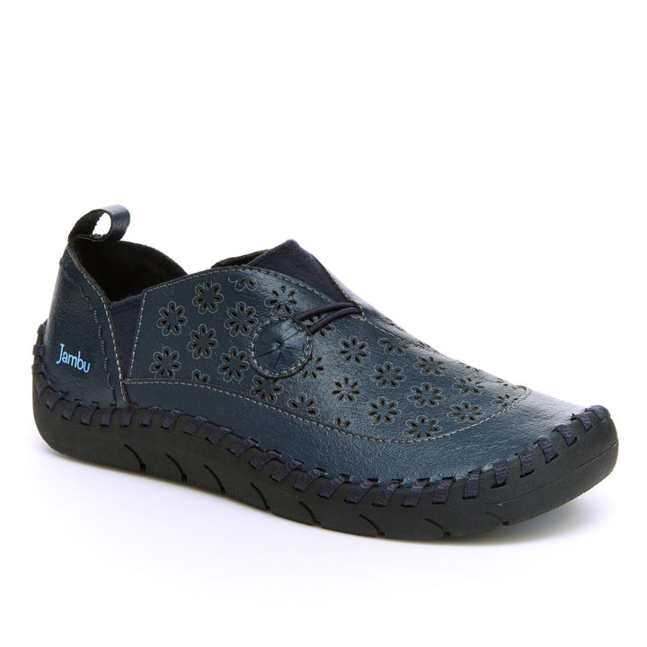 Navy loafer with floral embossed upper, rounded toe, and slip-on collar