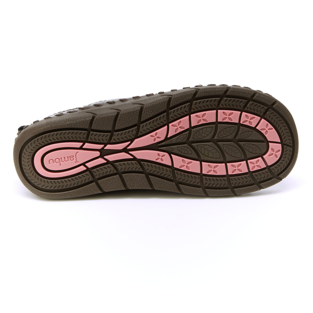 Brown loafer outsole with pink traction panel and deep treaded rubber