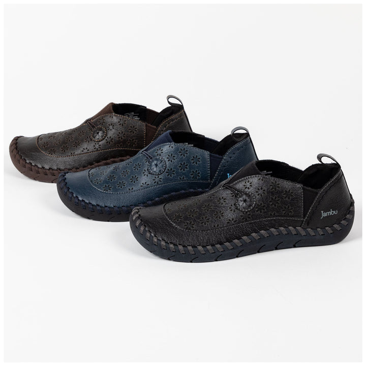 Floral-perforated vegan loafer slip-ons, dark blue and brown, stitched platform sole