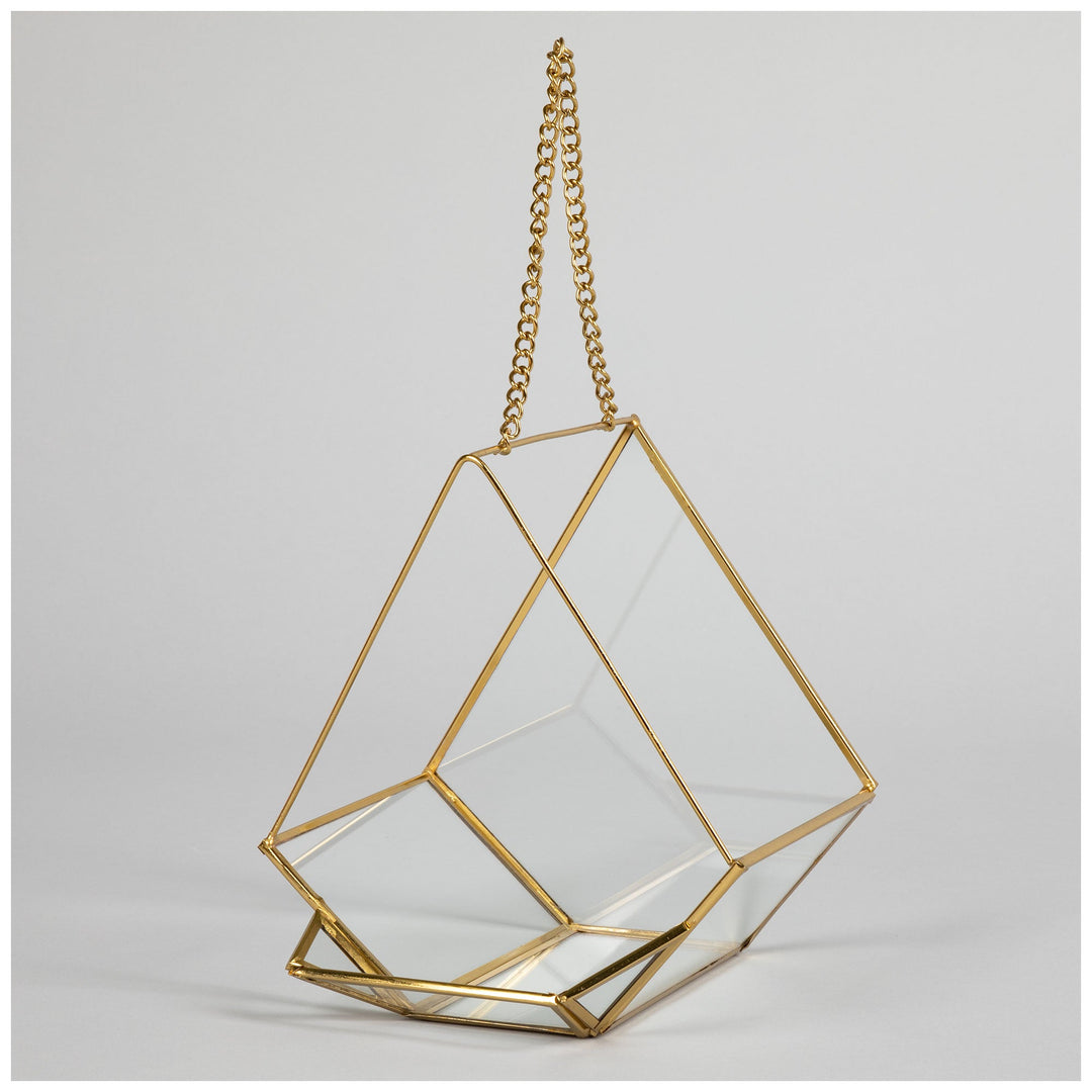 Hanging glass bird feeder with gold frame and chain, diamond shape design