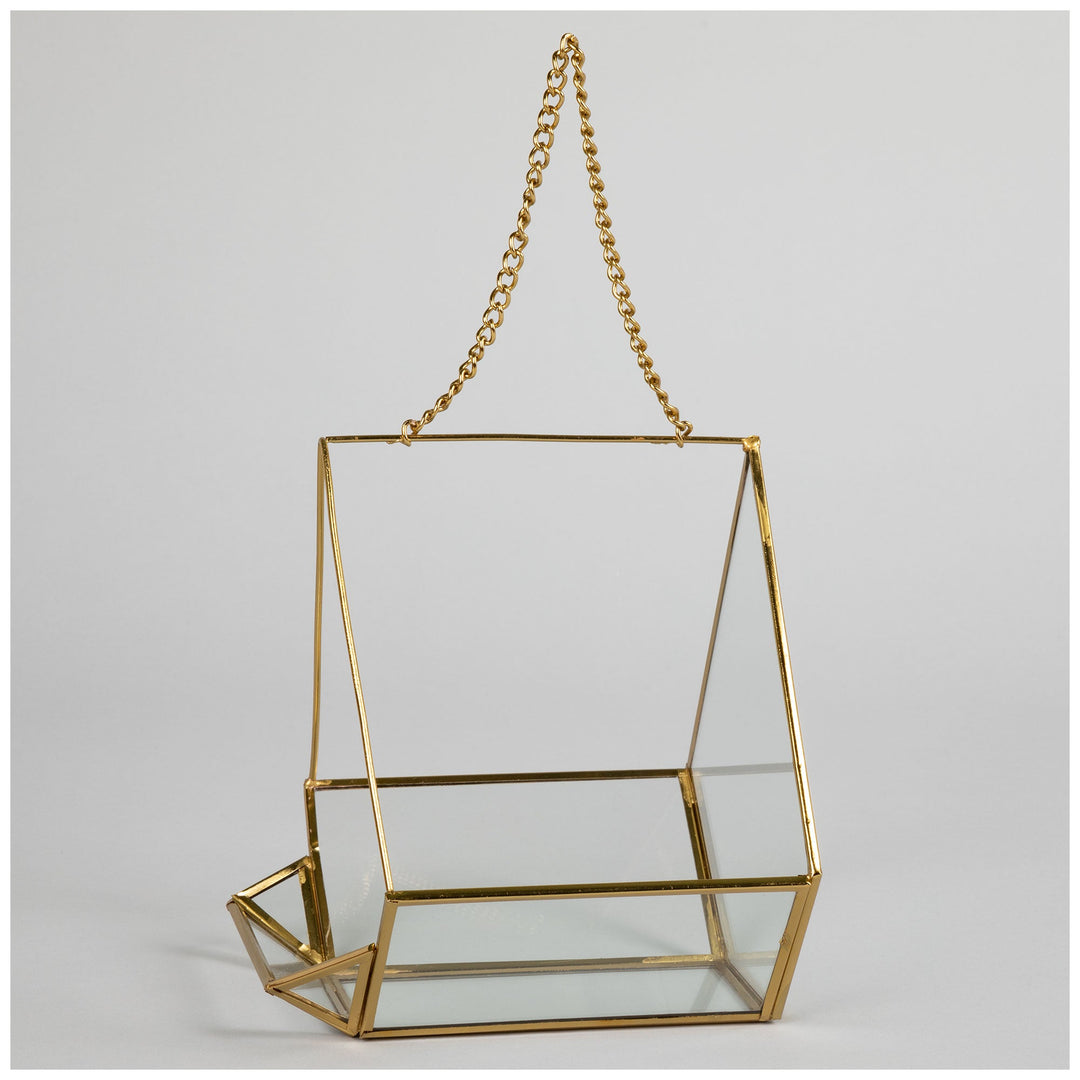 Hanging glass bird feeder with gold frame and chain, open top