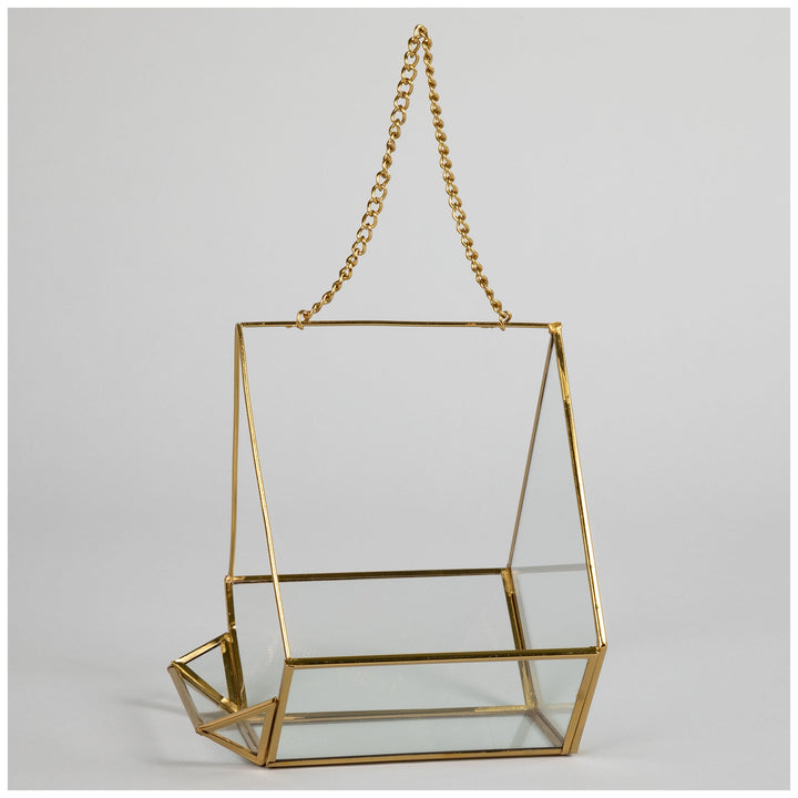 Hanging glass bird feeder with gold frame and chain, open top