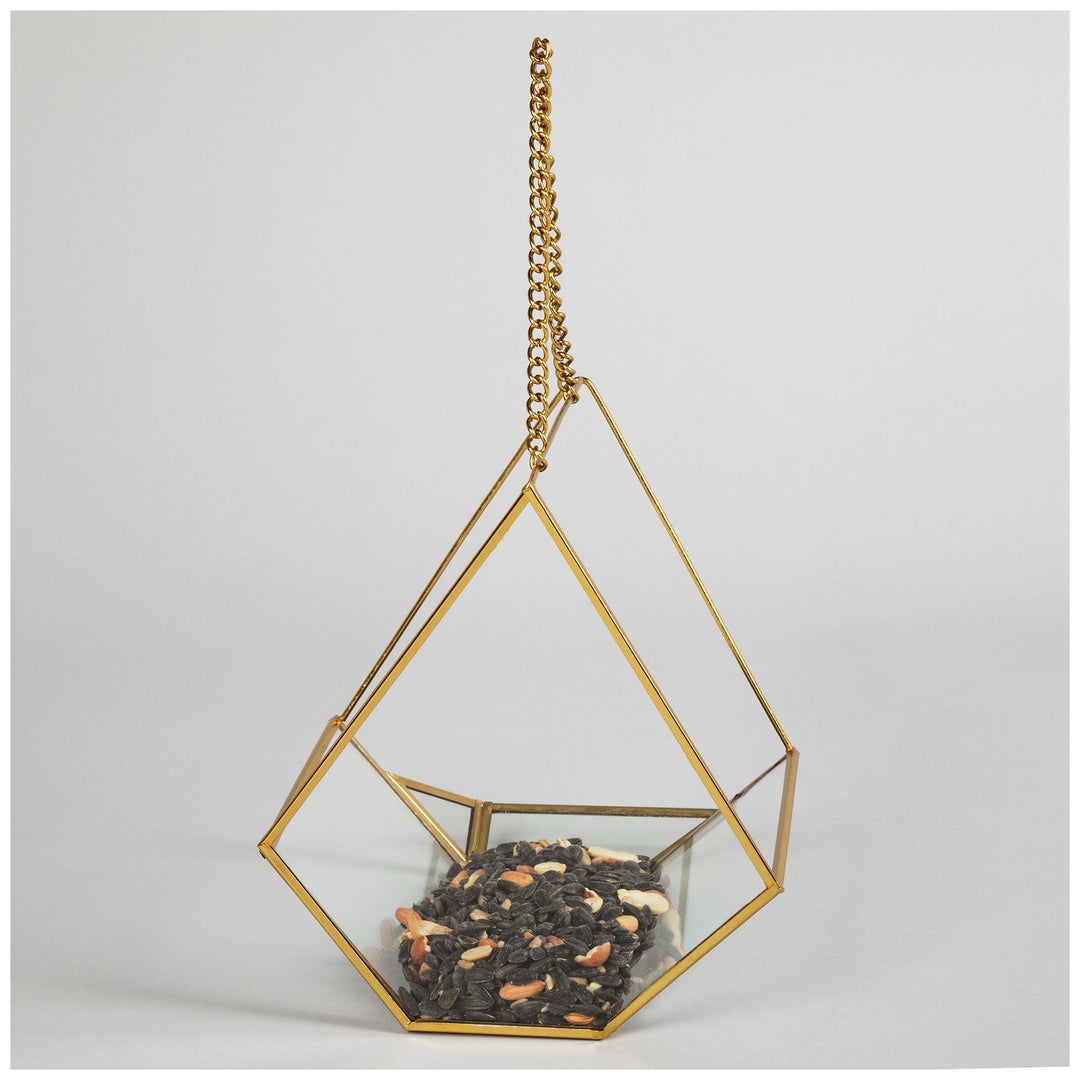 Hanging glass bird feeder with gold frame and chain, filled with birdseed