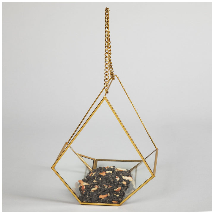 Hanging glass bird feeder with gold frame and chain, filled with birdseed