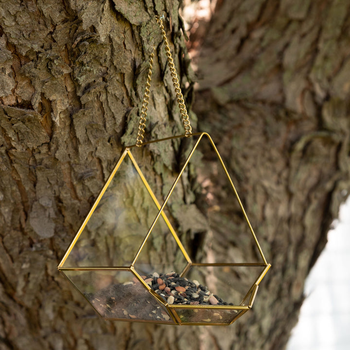 Hanging glass bird feeder with gold frame and seed fill, shown from the side
