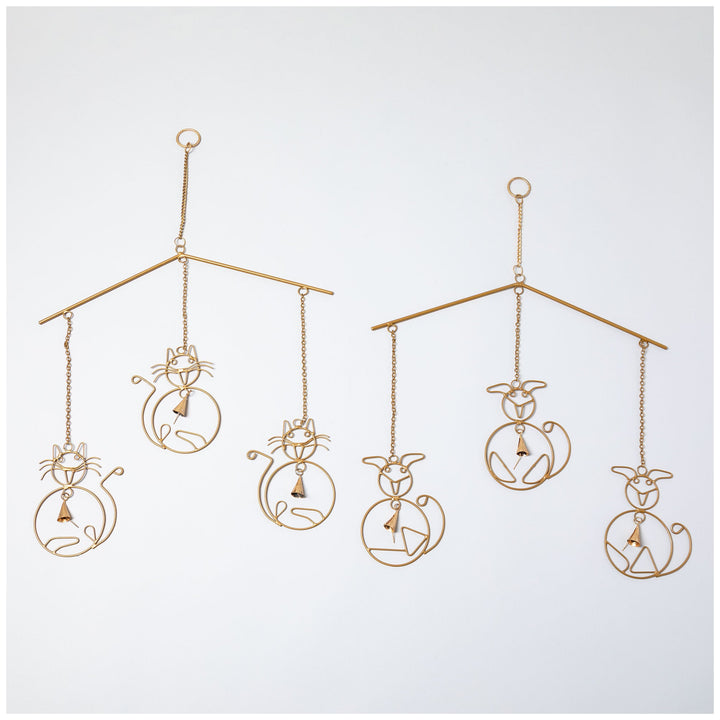 Gold iron wind chime with cat and dog silhouettes and hanging bells
