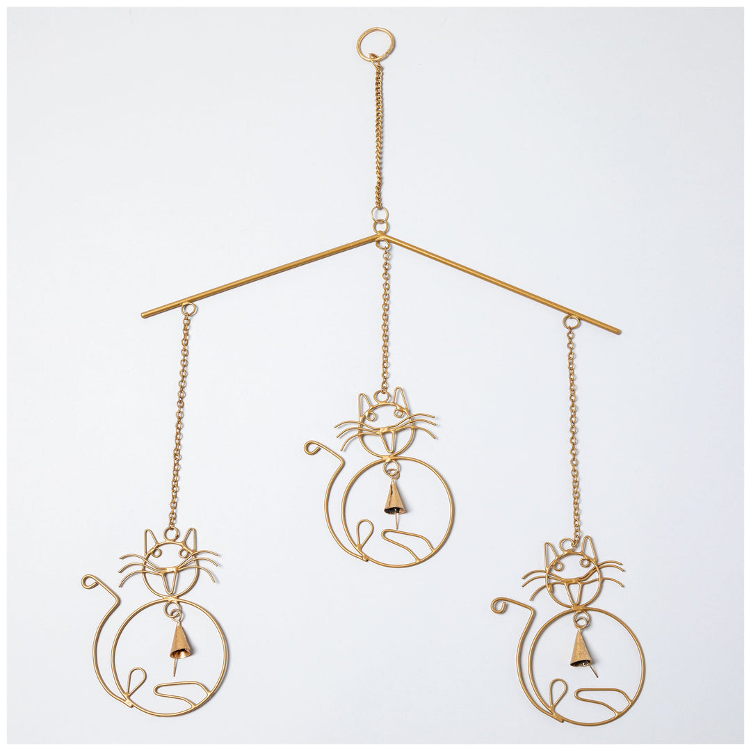 Gold iron wind chime with three hanging cat ornaments and small bell clappers