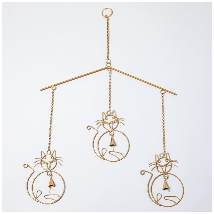 Gold iron wind chime with three hanging cat ornaments and small bell clappers