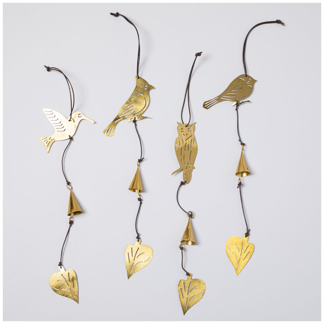 Gold-tone iron bird wind chime with dangling hearts and small bell accents