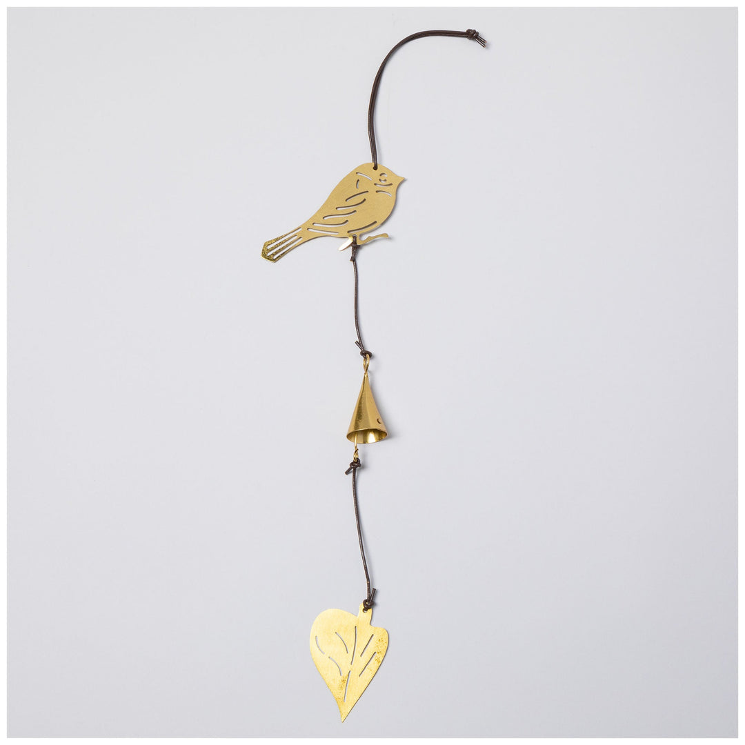 Gold-tone bird iron wind chime with heart pendant and hanging bell