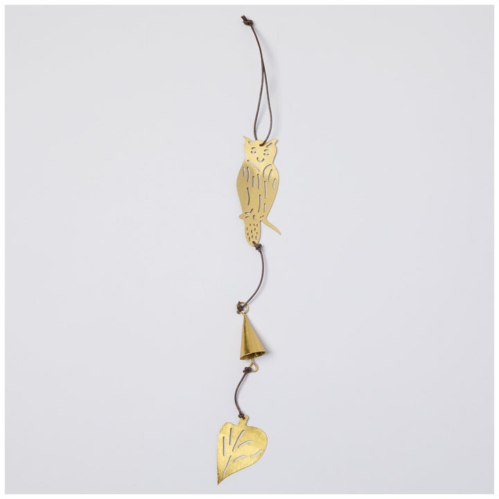 Gold-tone owl iron wind chime with heart pendant and small bell charm