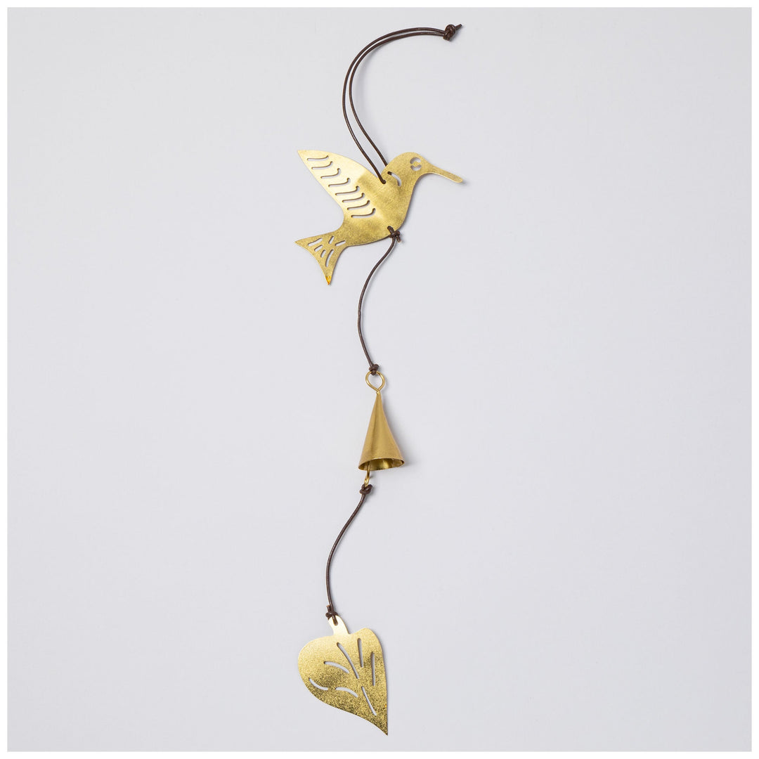 Gold-tone hummingbird iron wind chime with heart pendant and bell charm