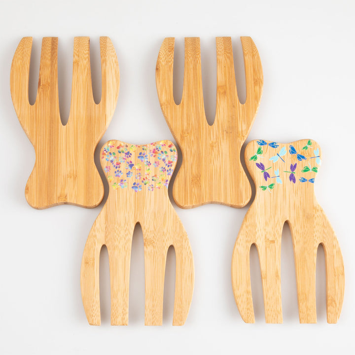 Bamboo bear claw salad serving utensils, light wood with cutout tines