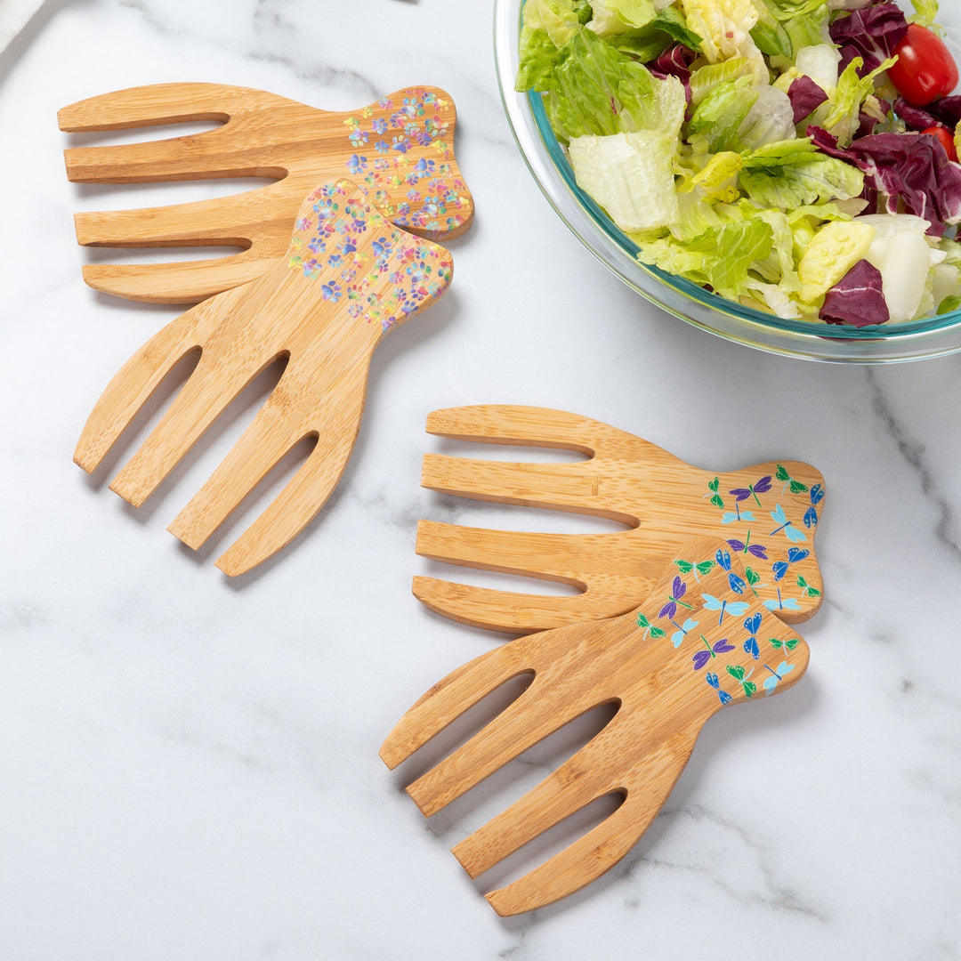Bamboo bear claw salad serving utensils with colorful dragonfly pattern on set