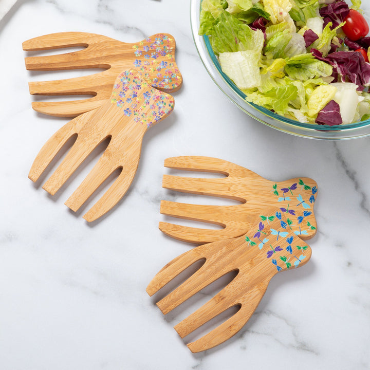 Bamboo bear claw salad serving utensils with colorful dragonfly pattern on set