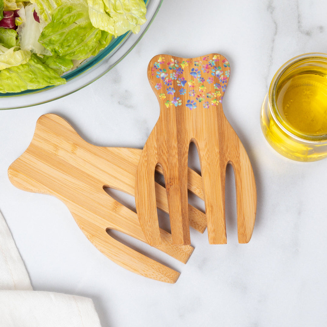 Bamboo bear claw salad serving utensil with colorful confetti floral pattern