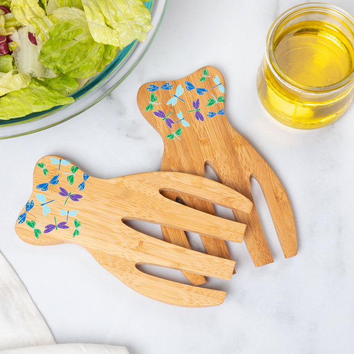 Bamboo bear claw salad serving utensils with blue and green dragonfly pattern