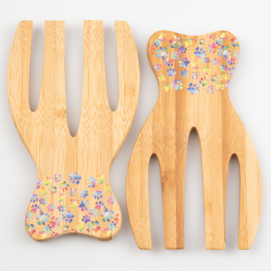 Pair of bamboo bear claw salad serving utensils with colorful confetti paw design