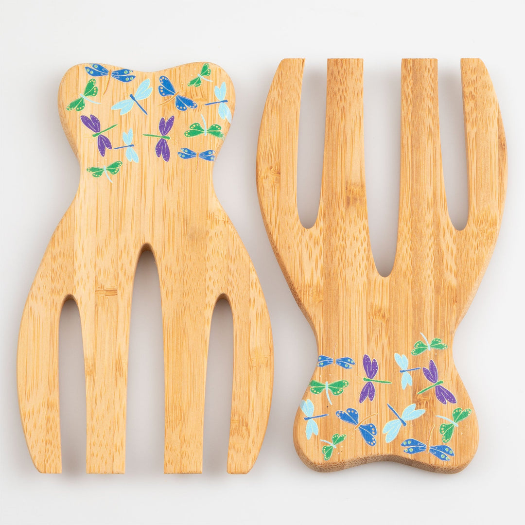 Bamboo bear claw salad serving utensils with blue, green, and purple dragonfly pattern
