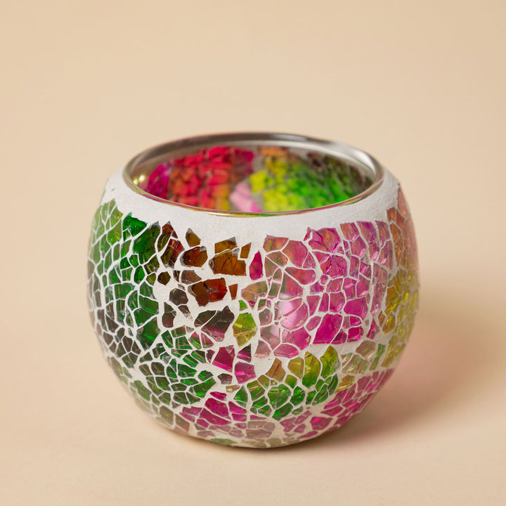 Single mosaic votive holder, green and magenta glass mosaic pattern with metal rim