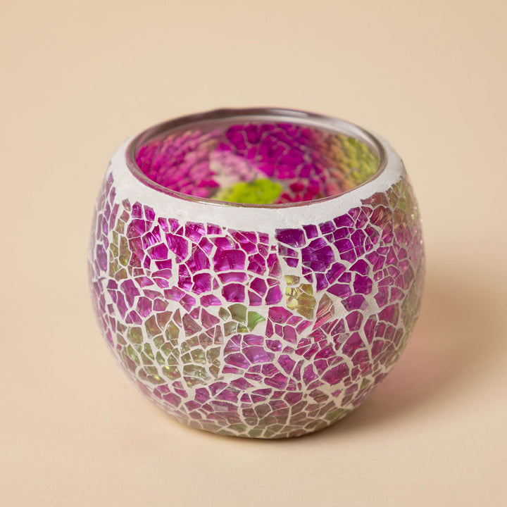 Mosaic votive holder with purple glass mosaic and multicolor chips, open top