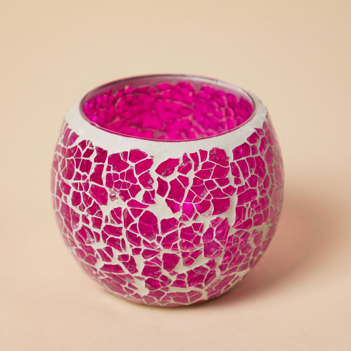 Mosaic votive holder with bright magenta glass mosaic, round open top and metal rim