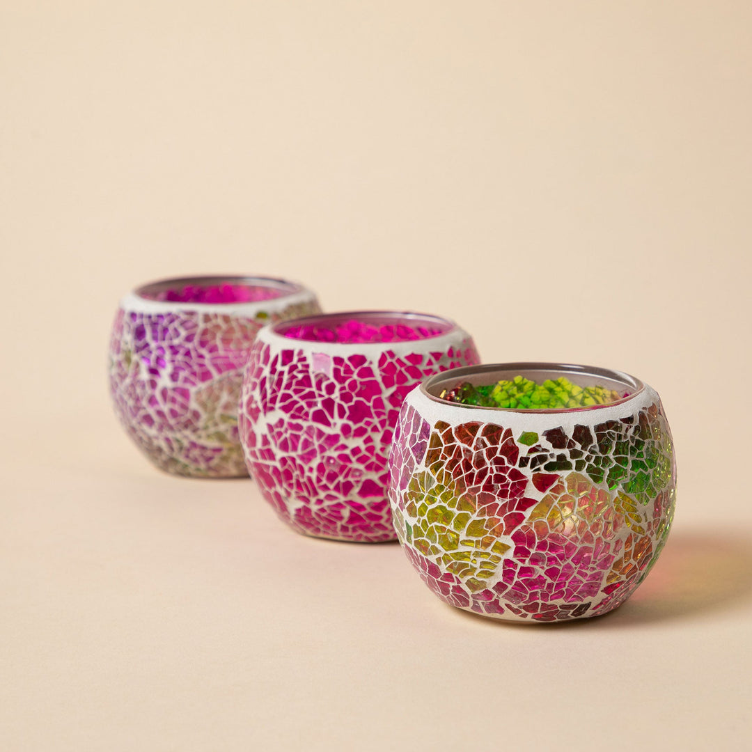 Set of 3 mosaic votive holders, magenta and purple glass mosaic with metal rims